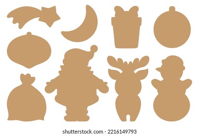 Christmas fun decal cut file pattern. Silhouette shapes of Santa Claus, gift bag, deer, snowman, present box. Winter holiday items isolated contours for window decoration, cookies, paper craft, tags.