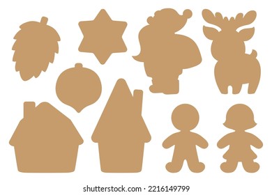 Christmas fun decal cut file pattern. Silhouette shapes of Santa Claus, deer, gingerbread man, cute houses. Winter holiday items isolated contours for window decoration, cookies, paper craft, tags.