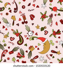 Christmas fun design. Seamless pattern background. Doodle vector illustration.