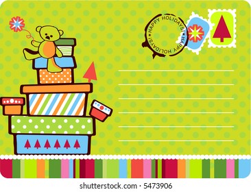 Christmas fun postcard with gift boxes stacked with teddy on top. Seals, stamps and copy space in vector format