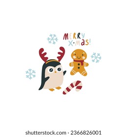 Christmas fun print with gingerbread man, cookies, berries and lettering. Hand-drawn childish doodle illustration in simple Scandinavian style. Vector isolate on white background.