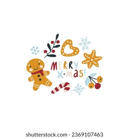 Christmas fun print with gingerbread man, cookies, berries and lettering. Hand-drawn childish doodle illustration in simple Scandinavian style. Vector isolate on white background