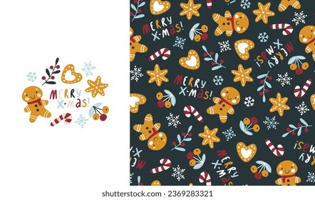 Christmas fun print and seamless pattern with gingerbread man, cookies, berries and lettering. Hand-drawn childish doodle illustration in simple Scandinavian style. Vector isolate