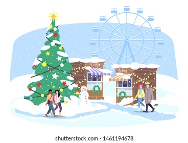 Christmas funfair flat vector illustration. People walking Xmas street market cartoon characters. Winter fairground with market stalls, ferris wheel and Christmas fir tree. New Year greeting card