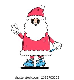 Christmas funky character Santa Claus in retro groovy style. Happy New Year in vintage cartoon 60s, 70s style. Vector illustration.
