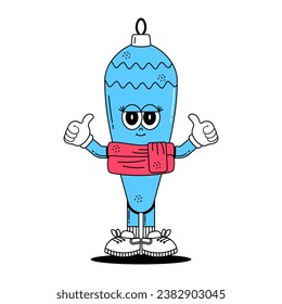 Christmas funky character Christmas toy in retro groovy style. Happy New Year in vintage cartoon 60s, 70s style. Vector illustration.