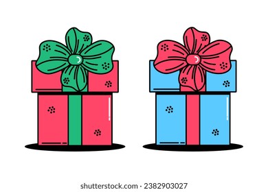 Cajas de regalo de Navidad funky al estilo retro groovy. Feliz Año Nuevo con dibujos animados de estilo 60, 70. Ilustración vectorial.