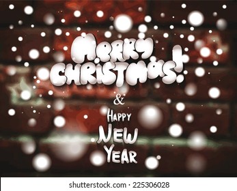 Christmas funny background with snow and brick wall