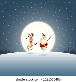 Christmas funny card. Happy playful Santa Claus and Reindeer on dark blue moonlight landscape