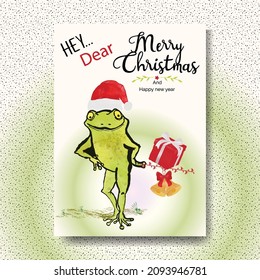 Christmas Funny Card with Naughty Frog, Watercolor Vector design Template