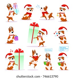 Emooticonos de perro cómico de Navidad. Xmas colección plana de emoji cachorro. Feliz terrador con cuernos de ciervo y sombrero Santa aislado en fondo blanco. Ilustración vectorial de Navidad o Año Nuevo 2018