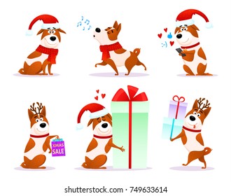 Christmas funny cartoon dog emoticons set. Xmas flat puppy emoji collection. Happy terrier wearing deer horns and Santa hat isolated on white background. Christmas or New Year 2018 vector illustration