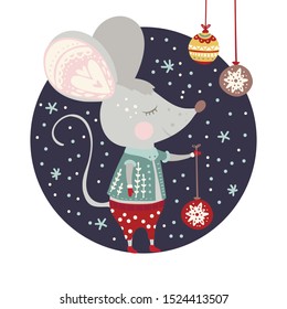 Christmas funny cartoon dreaming mouse in a flat style. Winter vector poster with cute New Year mice and Christmas ball decorations.