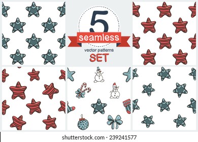 Christmas funny cartoon elements and stars. Set of 5 vector seamless pattern. 