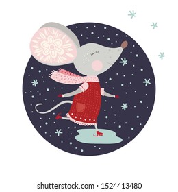 Christmas funny cartoon girl mouse skates in a flat style. Winter vector poster with cute New Year mice.