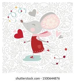 Christmas  funny cartoon hand drawn mouse card in a flat and doodle style and text quotes. Winter vector poster with cute New Year mice.