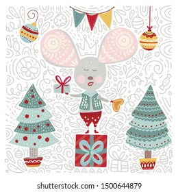 Christmas  funny cartoon hand drawn mouse card in a flat and doodle style. Winter vector poster with cute New Year mice.