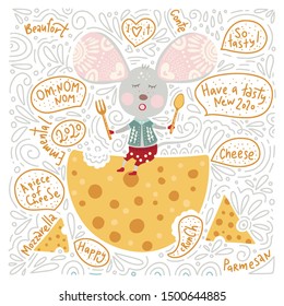 Christmas  funny cartoon hand drawn mouse with cheese and text quotes card in a flat and doodle style. Winter vector poster with cute New Year mice.