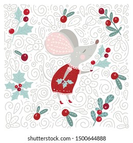 Christmas  funny cartoon hand drawn dreaming mouse and holly pointsettia berry card in a flat and doodle style. Winter vector poster with cute New Year mice.