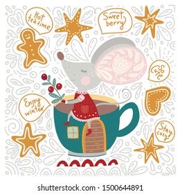 Christmas funny cartoon hand drawn mouse card in a flat and doodle style. Winter vector poster with cute New Year mice and cup house.