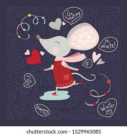 Christmas funny cartoon hand drawn mouse card in a flat and doodle style and text quotes. Winter vector poster with cute New Year mice.