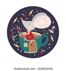 Christmas funny cartoon mouse in a flat style with tea cup house and sweet berry. Winter vector poster with cute New Year mice.