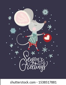 Christmas funny cartoon mouse in a flat style with hand drawn lettering quote -Seasons Greetings. Winter vector poster with cute New Year mice.