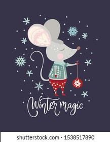 Christmas funny cartoon mouse in a flat style with hand drawn lettering quote -Seasons Greetings. Winter vector poster with cute New Year mice.
