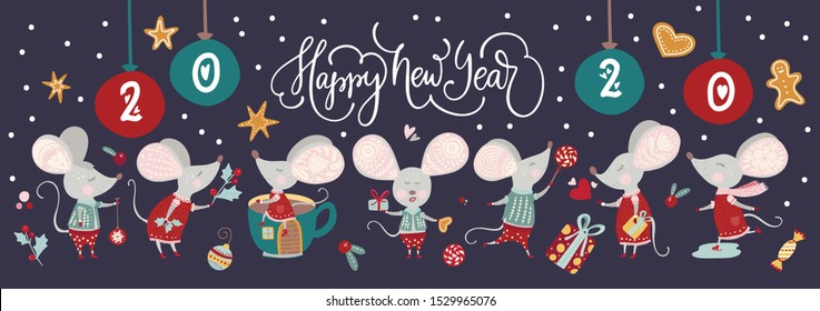 Christmas funny cartoon mouse poster in a flat style. Winter vector long banner with cute New Year mice for social media and sales. 2020 Happy New Year.