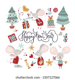 Christmas funny cartoon mouse set in a flat style. Winter vector icon collection with cute New Year mice and decorations.
