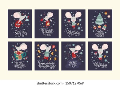 Christmas funny cartoon mouse set in a flat style with hand drawn lettering quote. Winter vector poster collection with cute New Year mice.