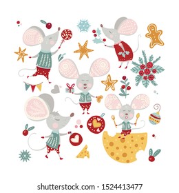 Christmas funny cartoon mouse set in a flat style. Winter vector icon collection with cute New Year mice and decorations.