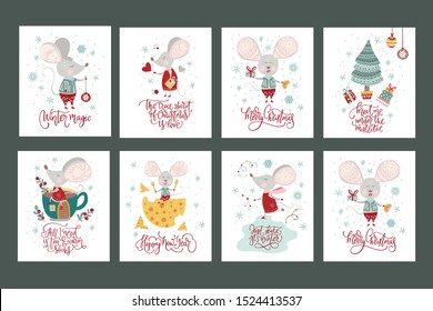 Christmas funny cartoon mouse set in a flat style. with hand drawn lettering quote. Winter vector poster collection with cute New Year mice.
