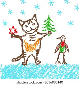 Christmas funny cat and bird with snow. Like child hand drawing holiday kitten. Crayon, pastel chalk or pencil sketch doodle cartoon vector simple kids art