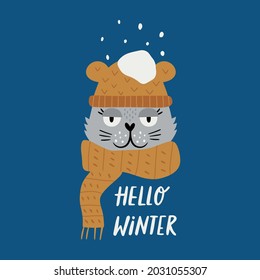 Christmas funny cat. Cute funny cat on white background. Flat cartoon vector illustration.