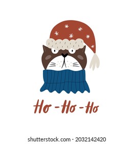 Christmas funny cat. Cute funny cat on white background. Colorful hand drawn vector illustration