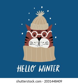 Christmas funny cat with glasses. Cute funny cat on white background. Flat cartoon vector illustration.