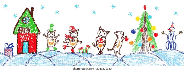 Christmas funny cat  Like child hand drawing christmas space holiday border  Crayon  pastel chalk pencil sketch doodle tree  house  gift box  snow  hut  Vector background simple cartoon style