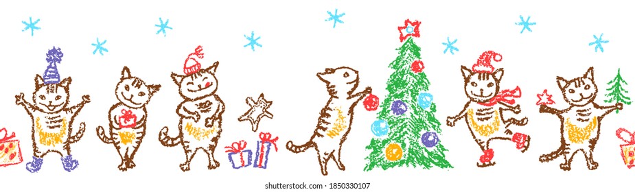 Christmas funny cat seamless pattern border  Like child hand drawing  Crayon  pastel chalk pencil happy  dancing cat  smiling kitten  doodle tree  gift box  Vector background simple cartoon style