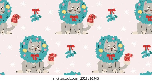 Christmas funny cat in wreath vector seamless pattern. Cute grey cat sitting  in Christmas wreath and stockings.