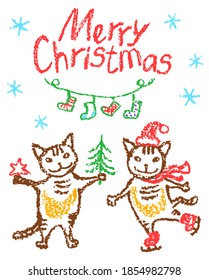 Christmas funny cats card. Like child hand drawing. Crayon, pastel chalk or pencil doodle ice-skating, happy, dancing, smiling kitten, tree, snow, xmas socks. Vector background simple cartoon style