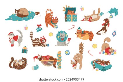 Christmas funny cats flat vector illustrations set isolated on white. Cute cats in sweaters and scarfs, deer antlers and wreath playing with garlands, Christmas toys and tree.