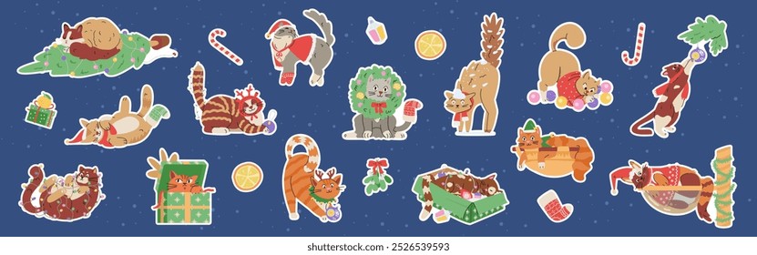 Christmas funny cats flat vector stickers set. Cute cats in sweaters and scarfs, deer antlers and wreath playing with garlands, Christmas toys and tree.