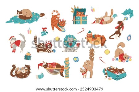 Christmas funny cats flat vector illustrations set isolated on white. Cute cats in sweaters and scarfs, deer antlers and wreath playing with garlands, Christmas toys and tree.