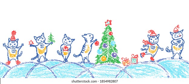Christmas funny cats space holiday border  Like child hand drawing  Crayon  pastel chalk pencil sketch doodle tree  kitten  gift box  snow  Vector background simple catchy cartoon style