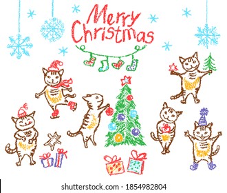 Christmas funny cats set. Like child hand drawing. Crayon, pastel chalk or pencil doodle ice-skating, happy, dancing, smiling kitten, gift box, tree, snow. Vector background simple cartoon style