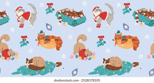 Christmas funny cats vector seamless pattern. Cute cats in sweaters and scarfs, deer antlers and wreath playing with garlands, Christmas toys and tree.