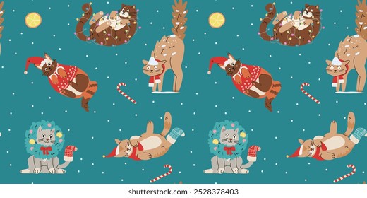 Christmas funny cats vector seamless pattern. Cute cats in sweaters and scarfs, deer antlers and wreath playing with garlands, Christmas toys and tree.