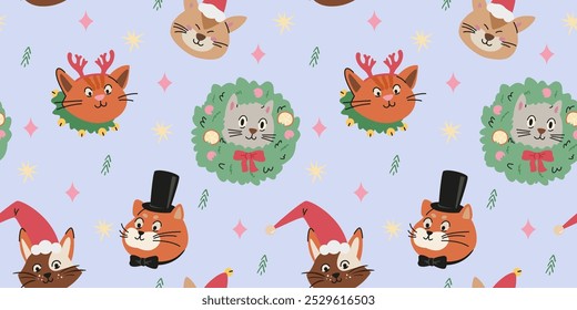 Christmas funny cats vector seamless pattern. Cute cats heads in funny hats.