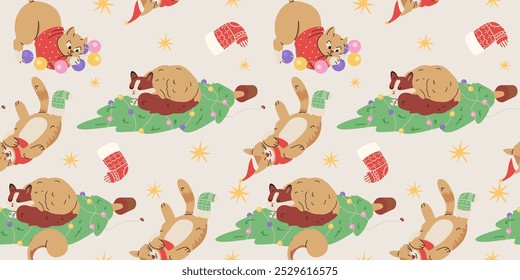 Christmas funny cats vector seamless pattern. Cute cats in sweaters and scarfs, sleeping on Christmas tree, playing with garland.